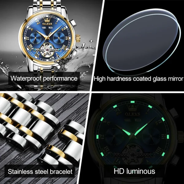 OLEVS Men's Watches Automatic Mechanical Business Wristwatch Waterproof Stainless Steel Strap Watch for Man Skeleton Calendar - Image 6