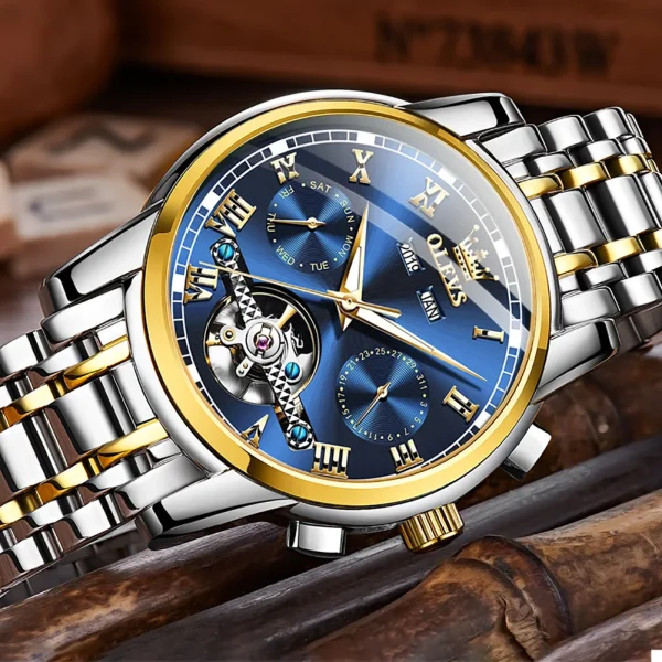 OLEVS Men's Watches Automatic Mechanical Business Wristwatch Waterproof Stainless Steel Strap Watch for Man Skeleton Calendar - Image 2
