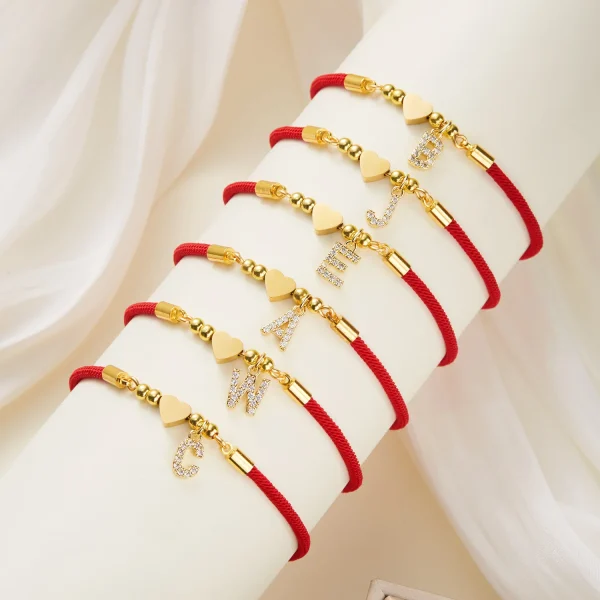 Stainless Steel Gold Color A-Z Heart Initial Letter Bracelet for Women Lucky Red Adjustable Rope Bracelet Charm Jewelry Gift - Image 5