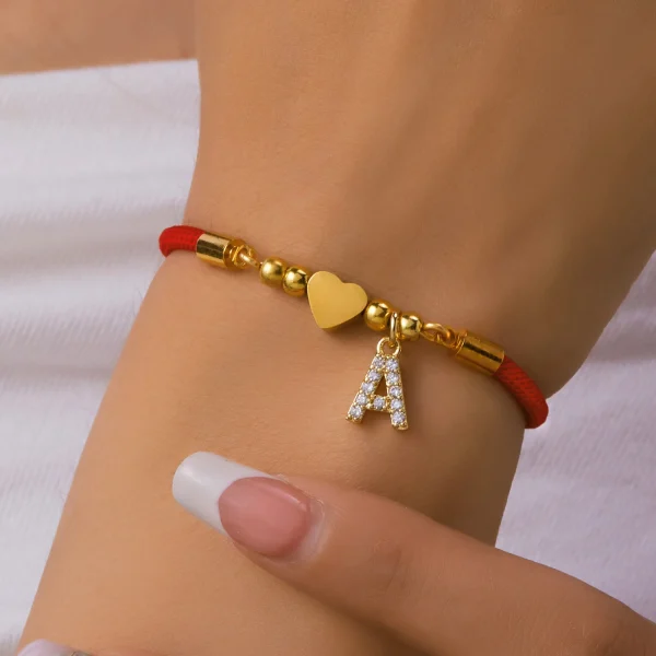 Stainless Steel Gold Color A-Z Heart Initial Letter Bracelet for Women Lucky Red Adjustable Rope Bracelet Charm Jewelry Gift - Image 3
