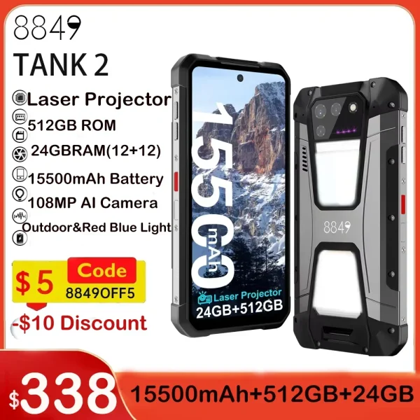 In Stock 8849 Tank 2 by Unihertz Projector Rugged Smartphone 22GB 256GB Cellphone 108MP G99 Night Vision IP68 Mobile Phone