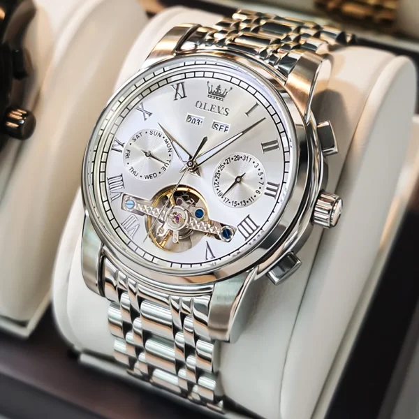 OLEVS Men's Watches Automatic Mechanical Business Wristwatch Waterproof Stainless Steel Strap Watch for Man Skeleton Calendar - Image 9