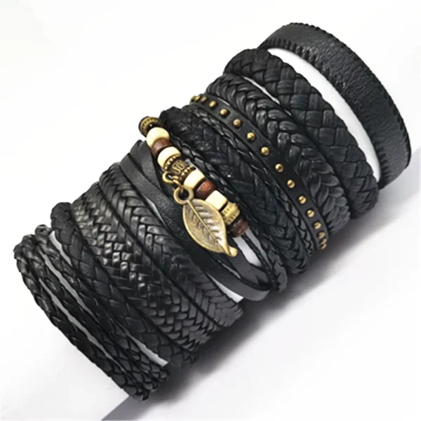 10 Pcs/set Black Wrap Woven New Fashion Handmade Men Bracelets Male Women Leather Bracelets Men Bangle Wholesale Jewelry Gift - Image 9