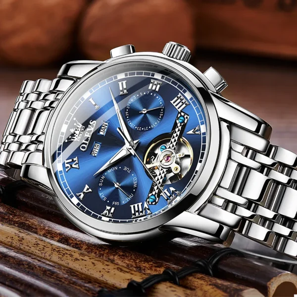 OLEVS Men's Watches Automatic Mechanical Business Wristwatch Waterproof Stainless Steel Strap Watch for Man Skeleton Calendar - Image 3