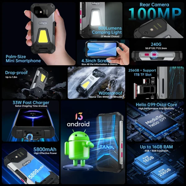 Unihertz 8849 Tank Mini Rugged Smartphone 4.3 Inch Display Android 13 5800mAh 24GB 256GB Helio G99 Octa Core 100MP Cameras IP68 - Image 2